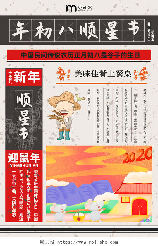 复古风格春节传统习俗大全大年初八顺星节海报新年习俗系列图